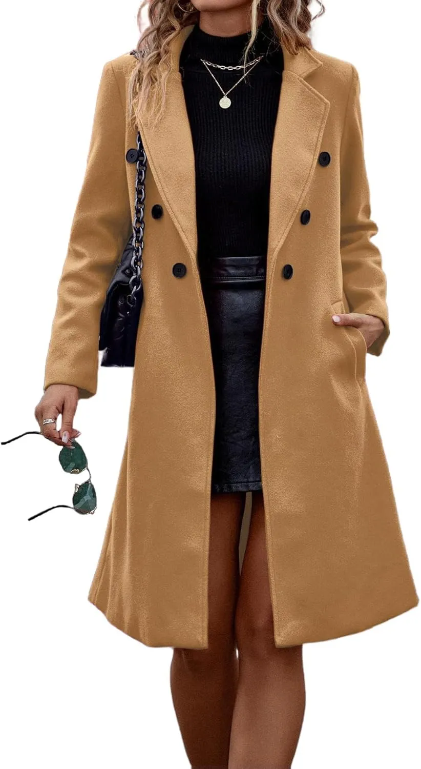 IDEALSANXUN Womens Fall Winter Long Wool Coat Double Breasted Trench Coat Peacoat Jackets