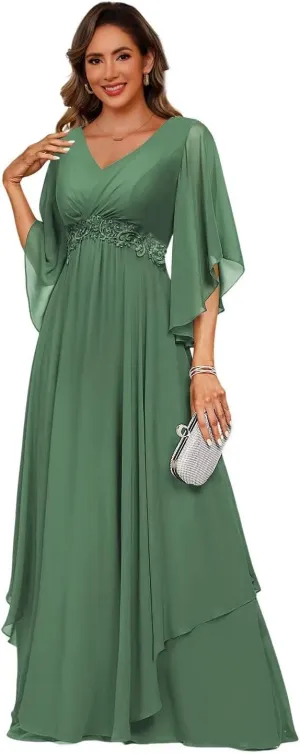 IKMNN V Neck Mother of The Bride Dress for Wedding Pleated Chiffon A Line Long Formal Evening Dress for Women IK067