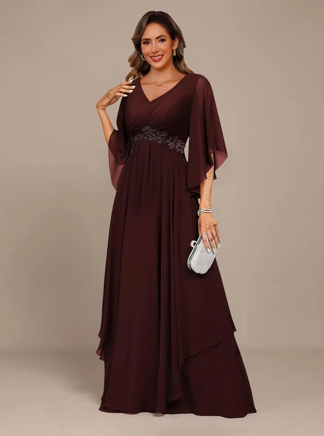 IKMNN V Neck Mother of The Bride Dress for Wedding Pleated Chiffon A Line Long Formal Evening Dress for Women IK067