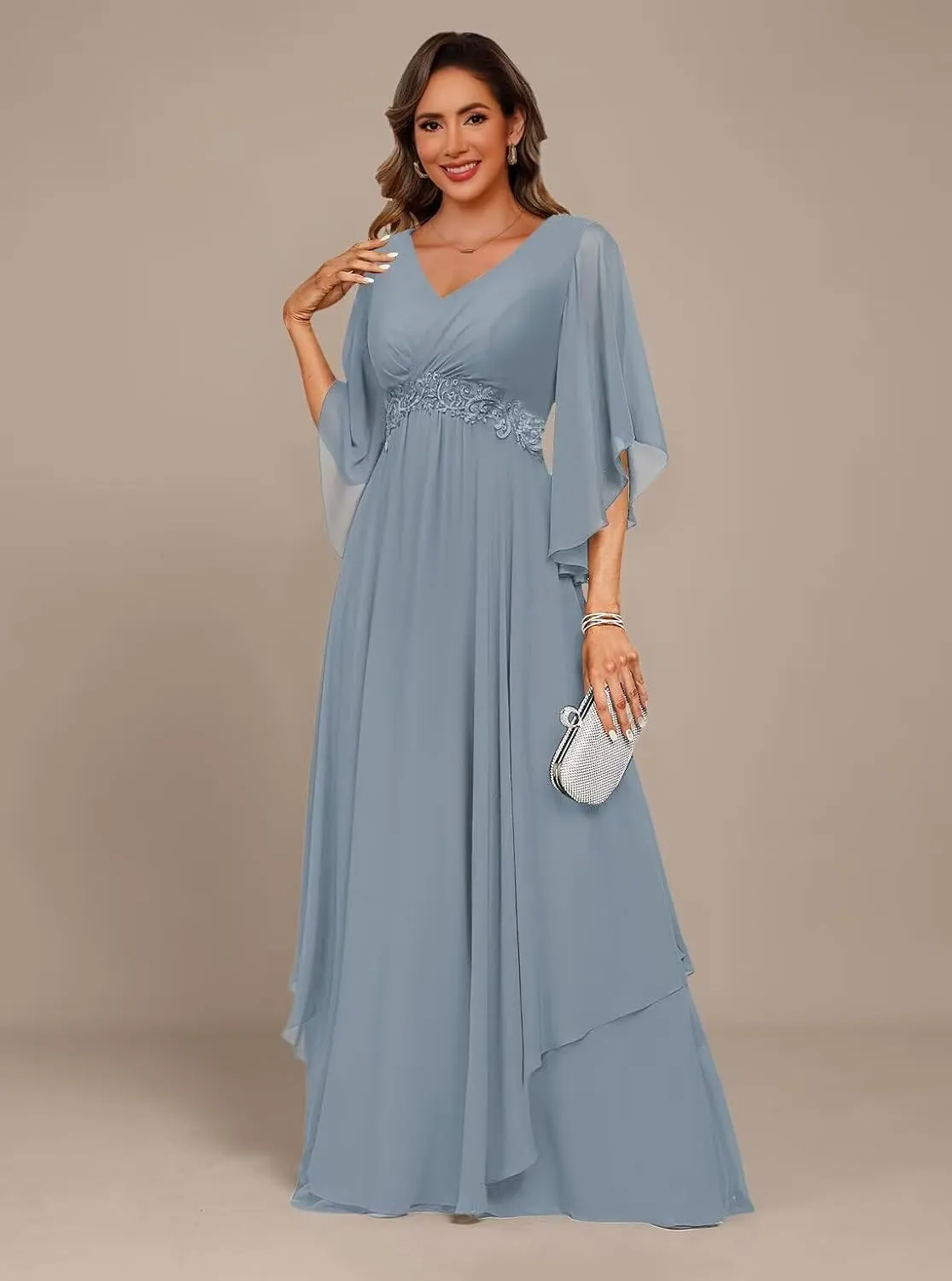IKMNN V Neck Mother of The Bride Dress for Wedding Pleated Chiffon A Line Long Formal Evening Dress for Women IK067