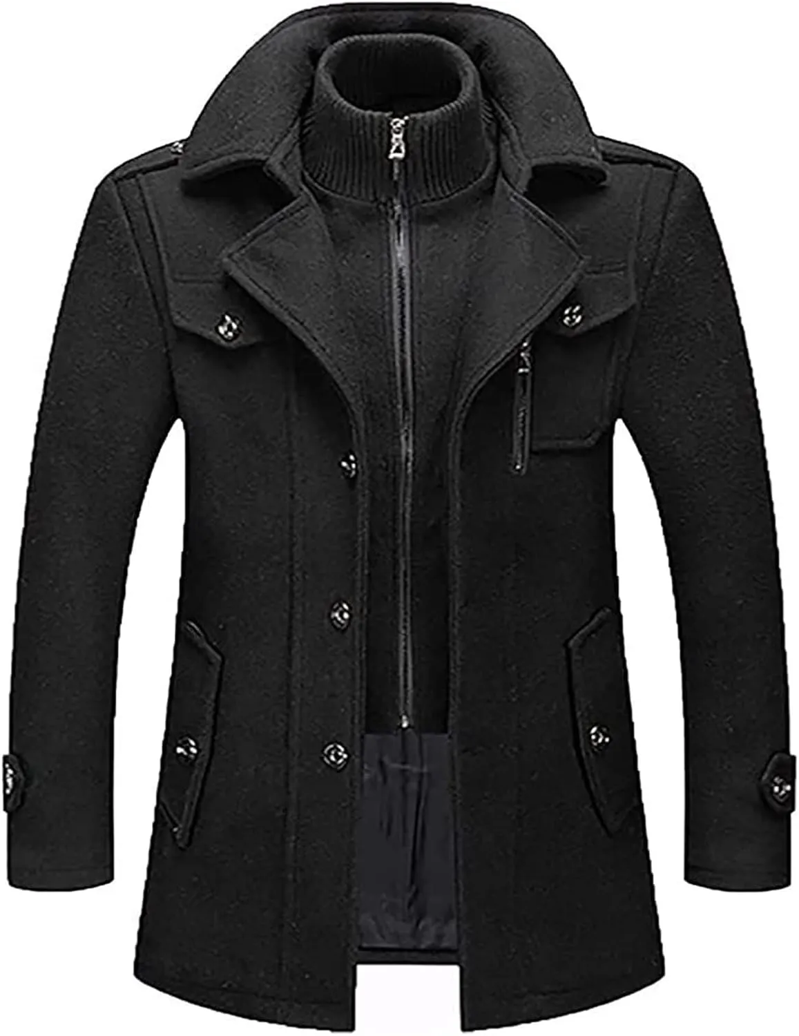 Jacket Men's Wool Coat Winter Warm Thick Coat Mid-Length Parka Trench Coat Business Elegant Coats Detachable Collar Lapel Coat,M-4XL(Black,XX-Large)