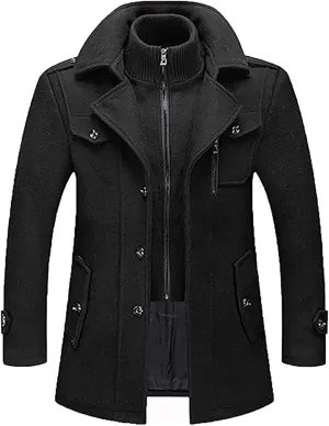 Jacket Men's Wool Coat Winter Warm Thick Coat Mid-Length Parka Trench Coat Business Elegant Coats Detachable Collar Lapel Coat,M-4XL(Black,XX-Large)