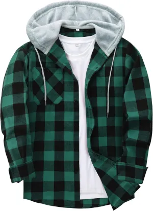 JACKETOWN Hooded Flannel Shirt for Men Plaid Shirts Long Sleeve Flannel Jacket Button-Down Shirt Jacket with Hood