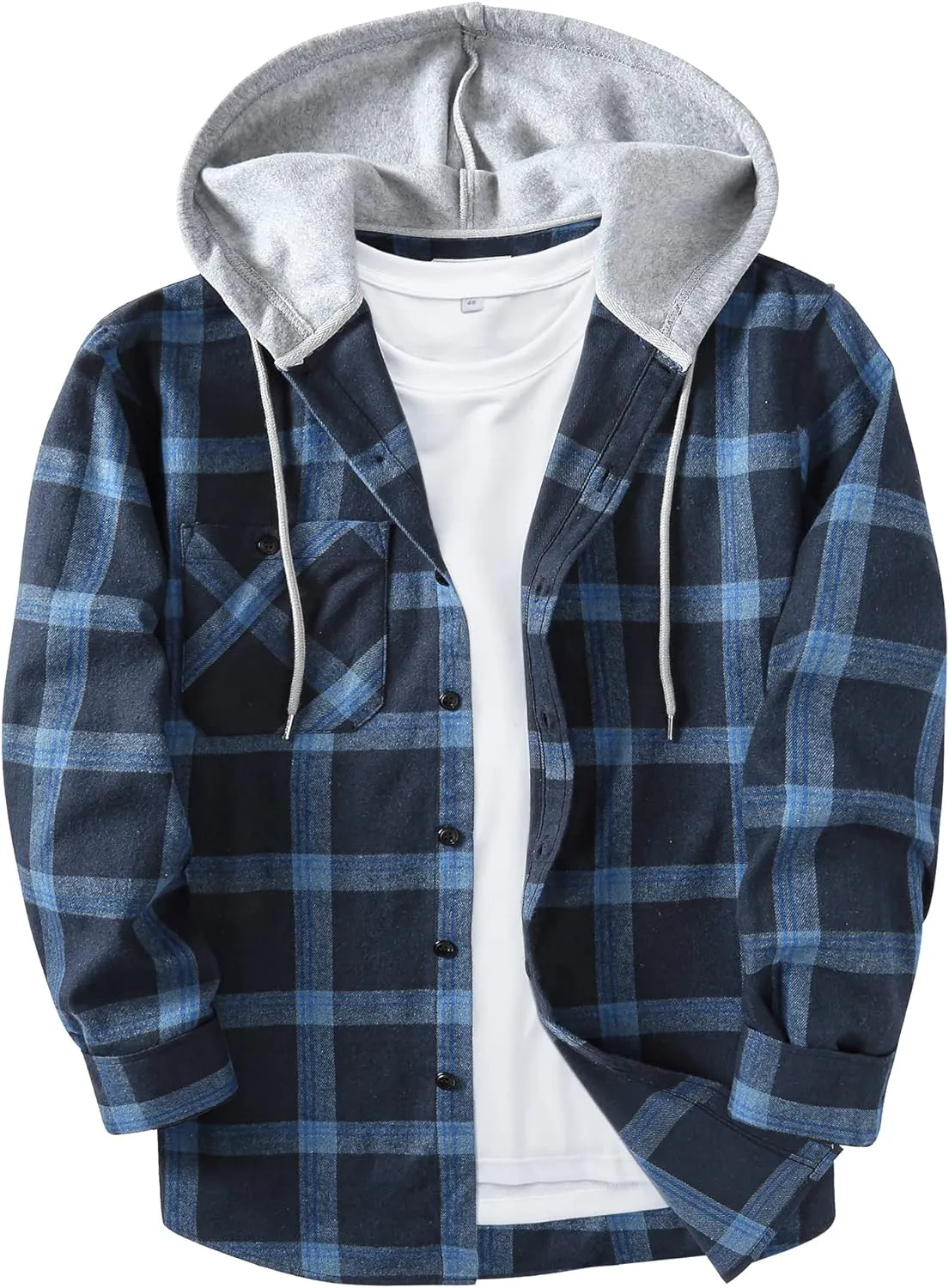 JACKETOWN Hooded Flannel Shirt for Men Plaid Shirts Long Sleeve Flannel Jacket Button-Down Shirt Jacket with Hood