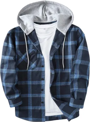 JACKETOWN Hooded Flannel Shirt for Men Plaid Shirts Long Sleeve Flannel Jacket Button-Down Shirt Jacket with Hood