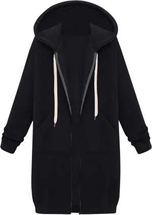 Jackets for Women Casual Zip Up Long Tunic Hoodies Winter Windproof Drawstring Hooded Jacket Outerwear with Pockets