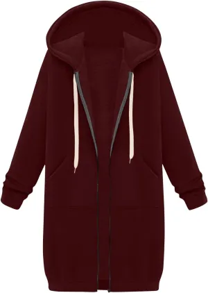 Jackets for Women Casual Zip Up Long Tunic Hoodies Winter Windproof Drawstring Hooded Jacket Outerwear with Pockets