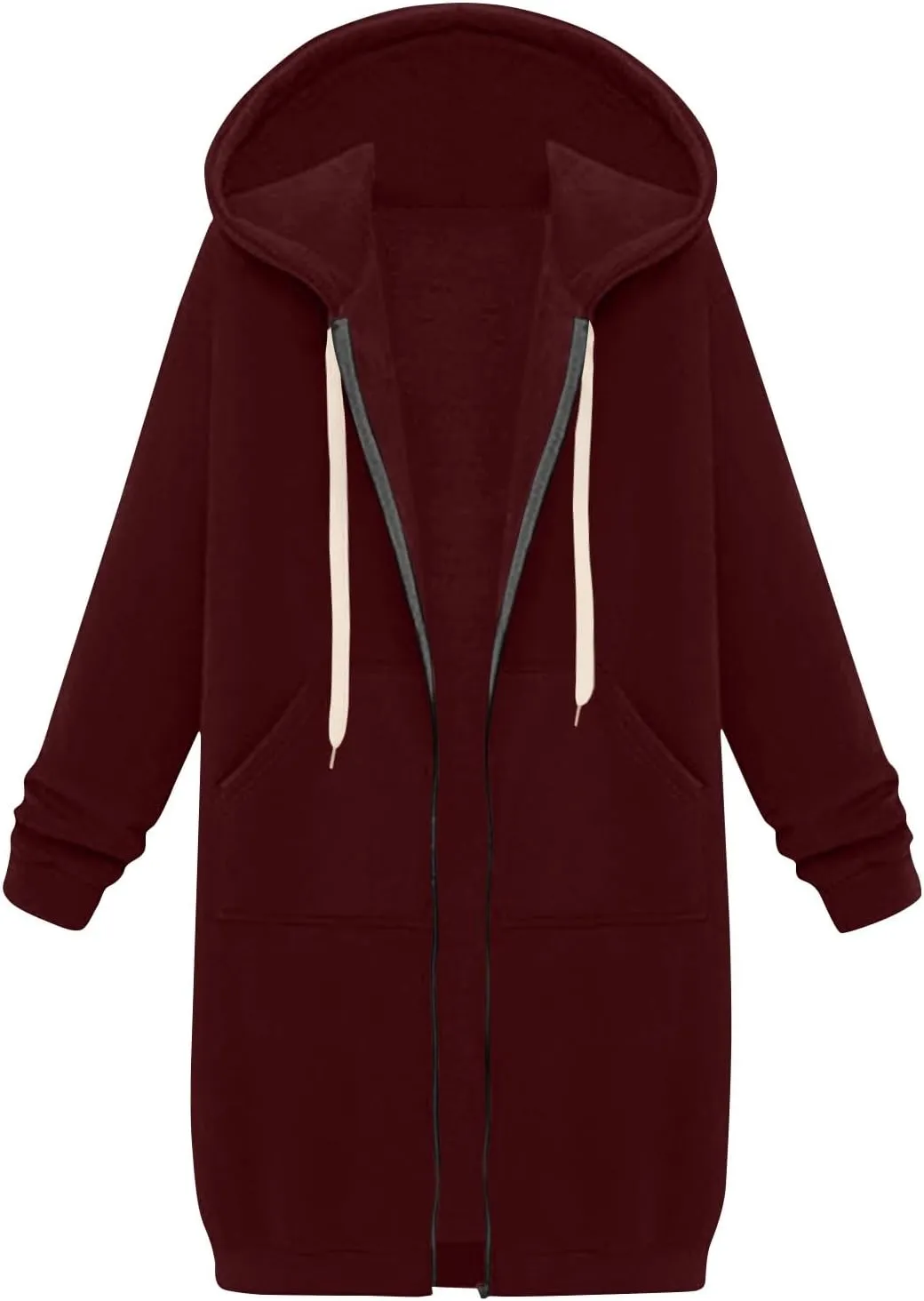 Jackets for Women Casual Zip Up Long Tunic Hoodies Winter Windproof Drawstring Hooded Jacket Outerwear with Pockets