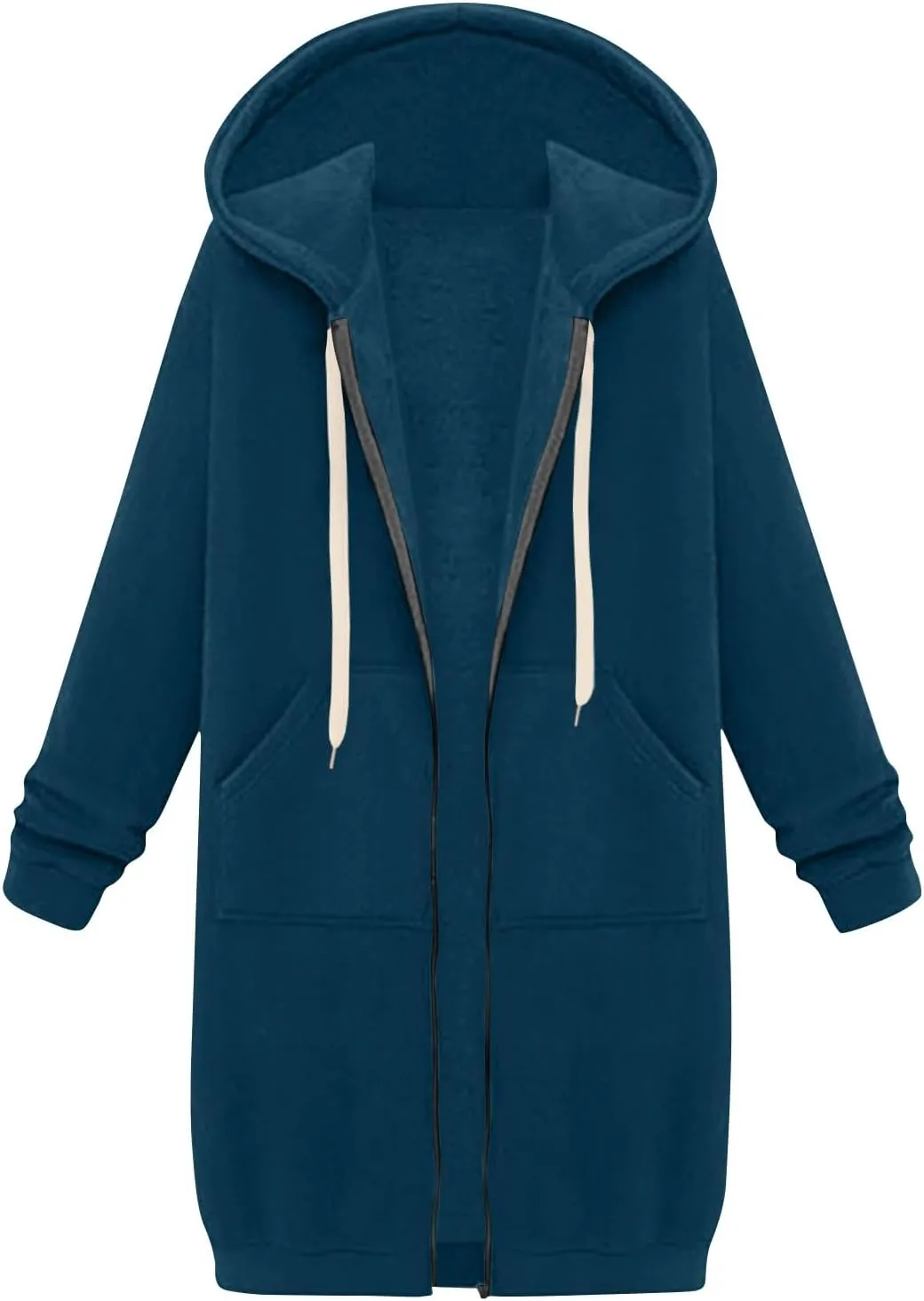 Jackets for Women Casual Zip Up Long Tunic Hoodies Winter Windproof Drawstring Hooded Jacket Outerwear with Pockets