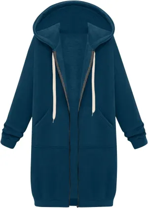 Jackets for Women Casual Zip Up Long Tunic Hoodies Winter Windproof Drawstring Hooded Jacket Outerwear with Pockets