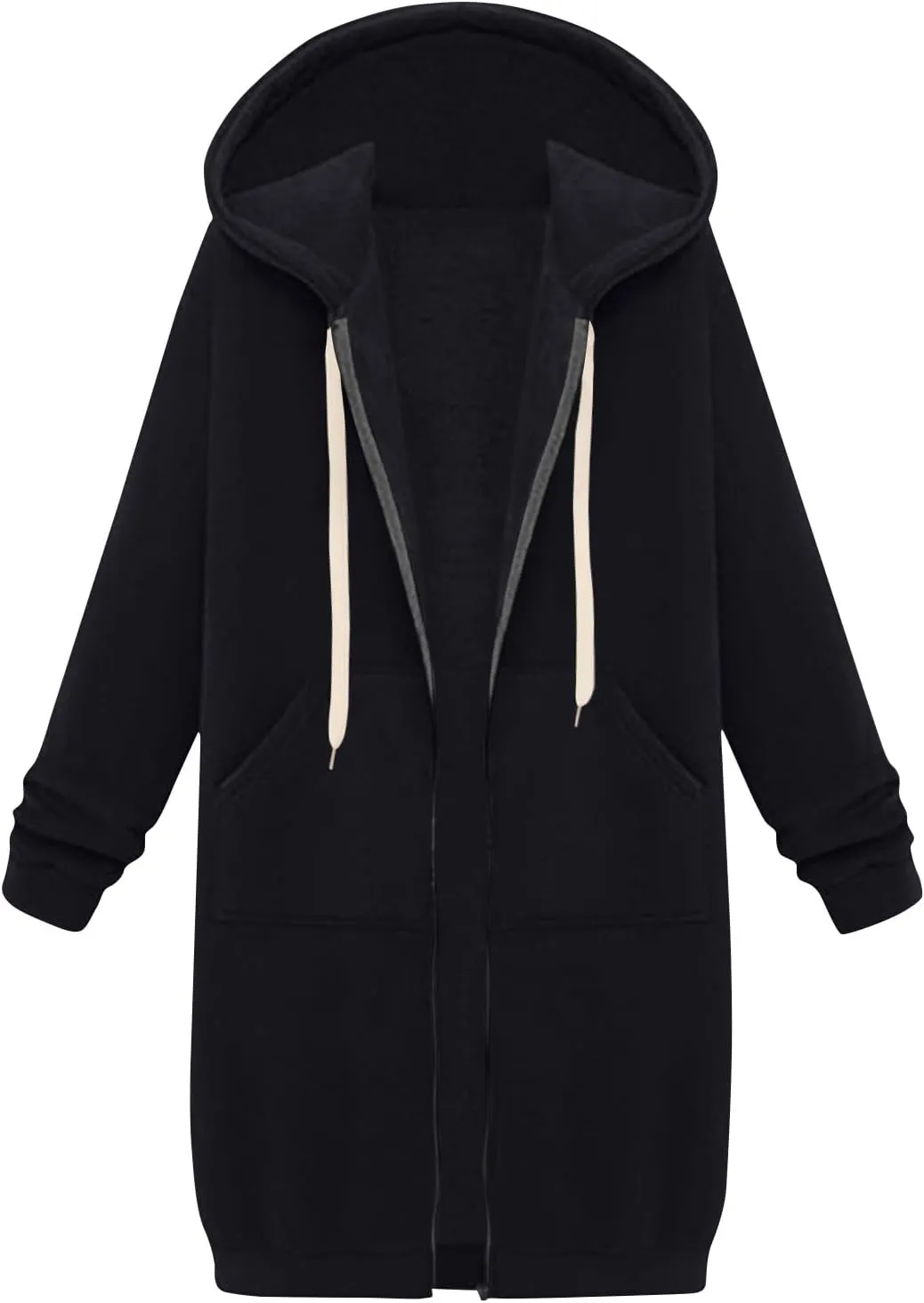 Jackets for Women Casual Zip Up Long Tunic Hoodies Winter Windproof Drawstring Hooded Jacket Outerwear with Pockets