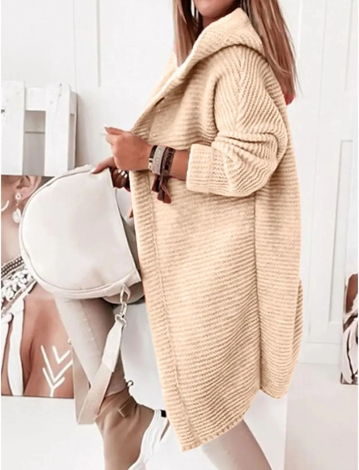 Jackets for Women Hooded Knitted Cardigan Thickened Winter Warm Solid Color Long Sweater Coat