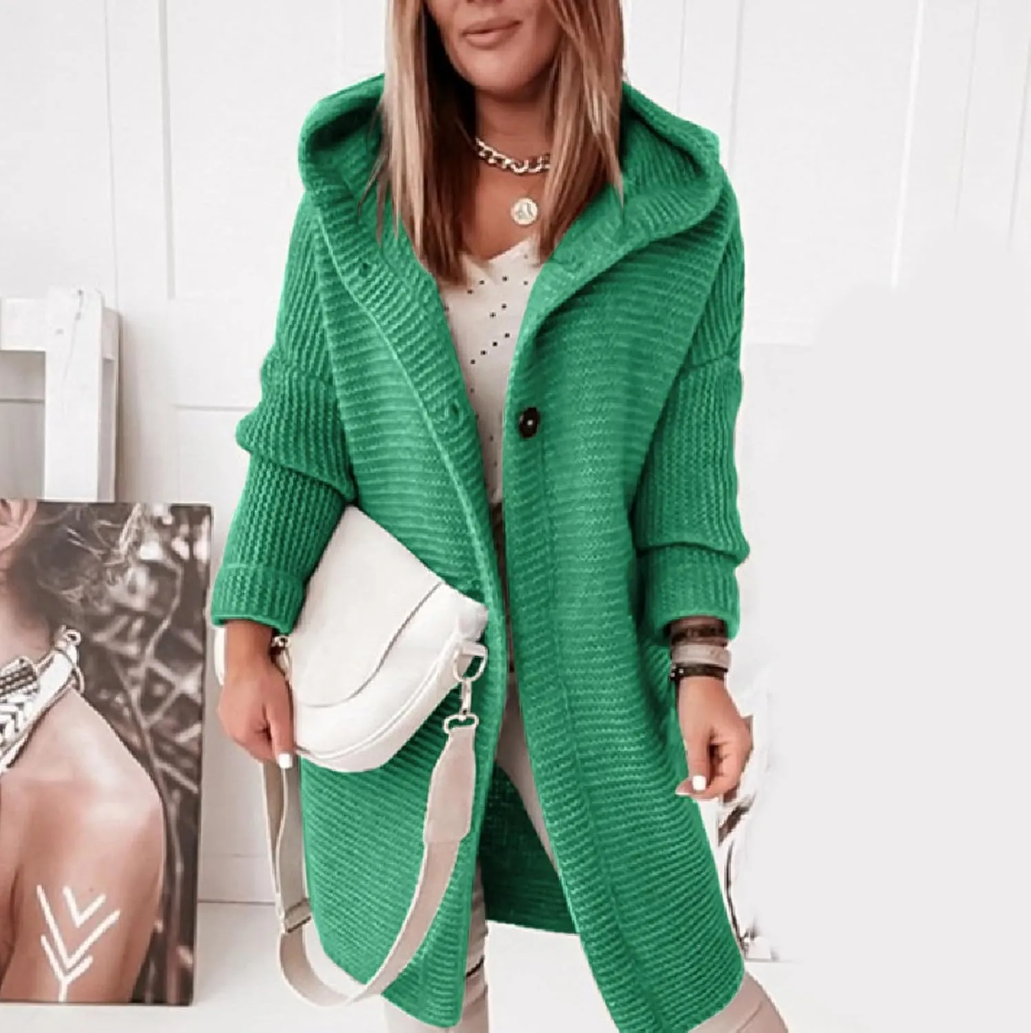 Jackets for Women Hooded Knitted Cardigan Thickened Winter Warm Solid Color Long Sweater Coat