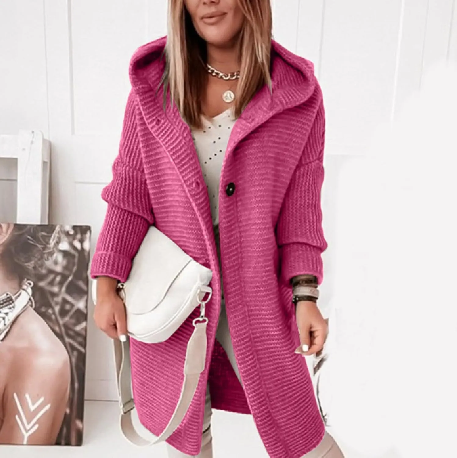 Jackets for Women Hooded Knitted Cardigan Thickened Winter Warm Solid Color Long Sweater Coat