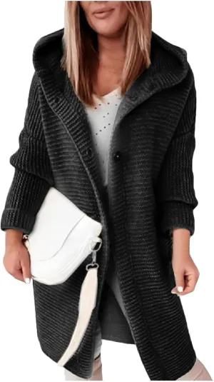 Jackets for Women Hooded Knitted Cardigan Thickened Winter Warm Solid Color Long Sweater Coat