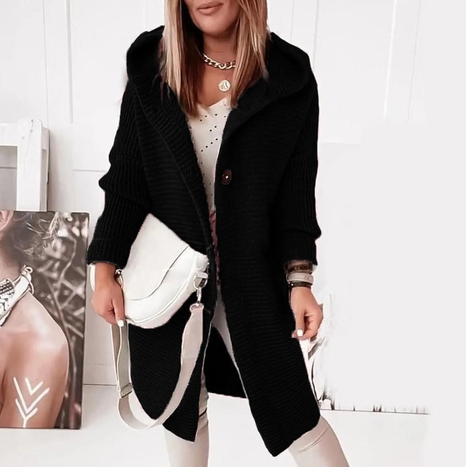 Jackets for Women Hooded Knitted Cardigan Thickened Winter Warm Solid Color Long Sweater Coat