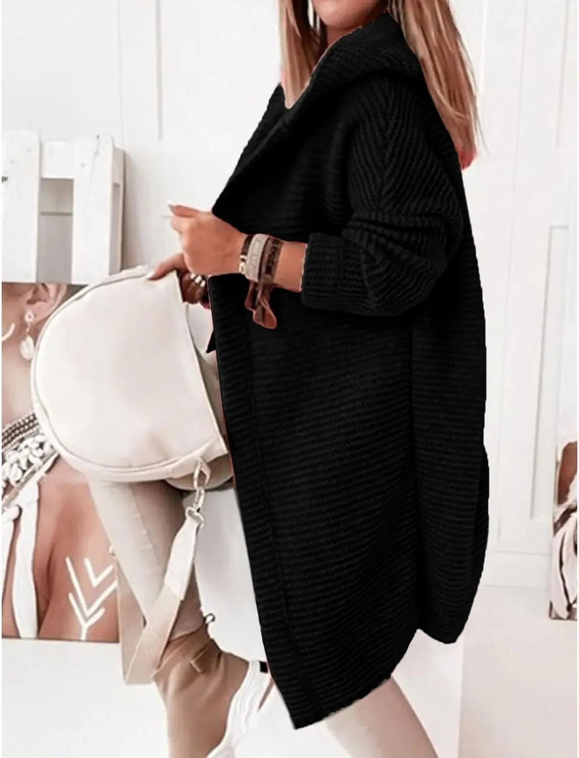 Jackets for Women Hooded Knitted Cardigan Thickened Winter Warm Solid Color Long Sweater Coat