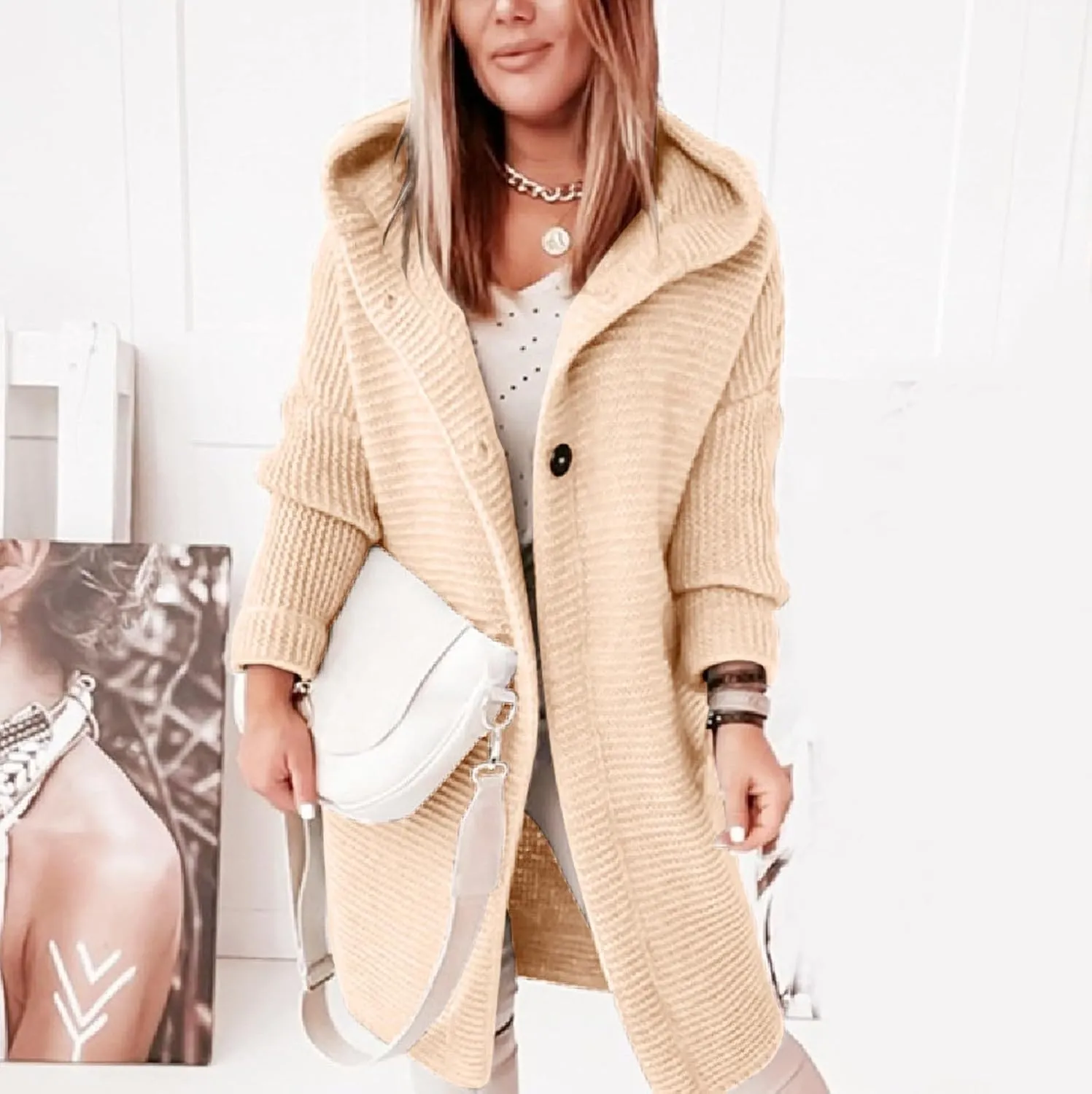 Jackets for Women Hooded Knitted Cardigan Thickened Winter Warm Solid Color Long Sweater Coat