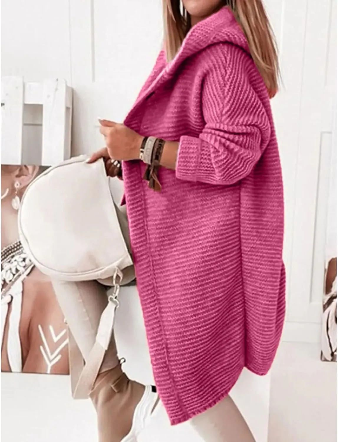 Jackets for Women Hooded Knitted Cardigan Thickened Winter Warm Solid Color Long Sweater Coat