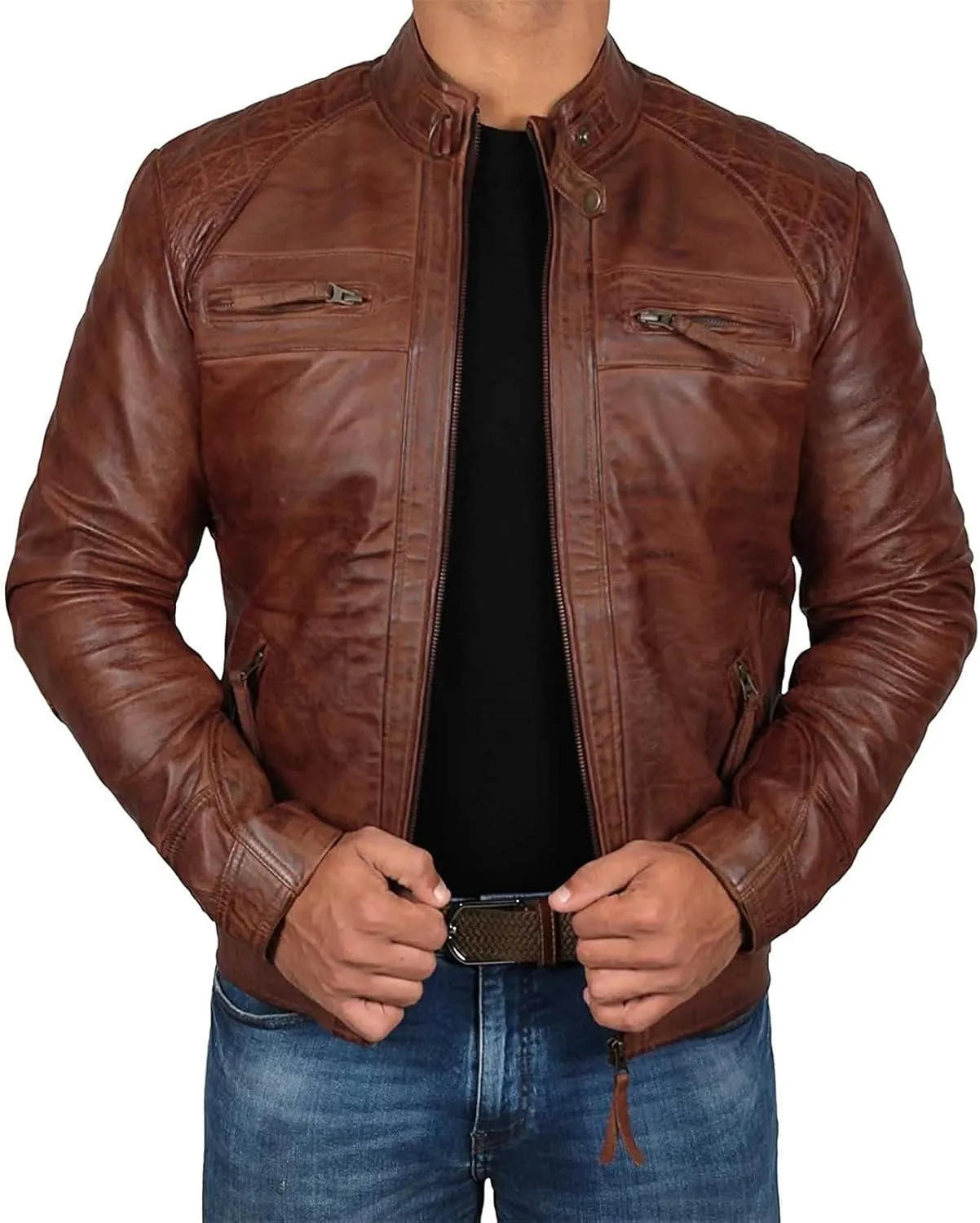 JEsilunmaMY Mens Distressed Punk Leather Jacket Vintage Stand Collar Motorcycle Bomber Jacket Casual Sport Moto Biker Coat