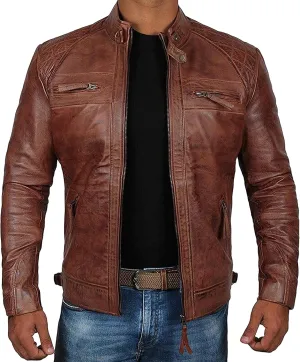 JEsilunmaMY Mens Distressed Punk Leather Jacket Vintage Stand Collar Motorcycle Bomber Jacket Casual Sport Moto Biker Coat