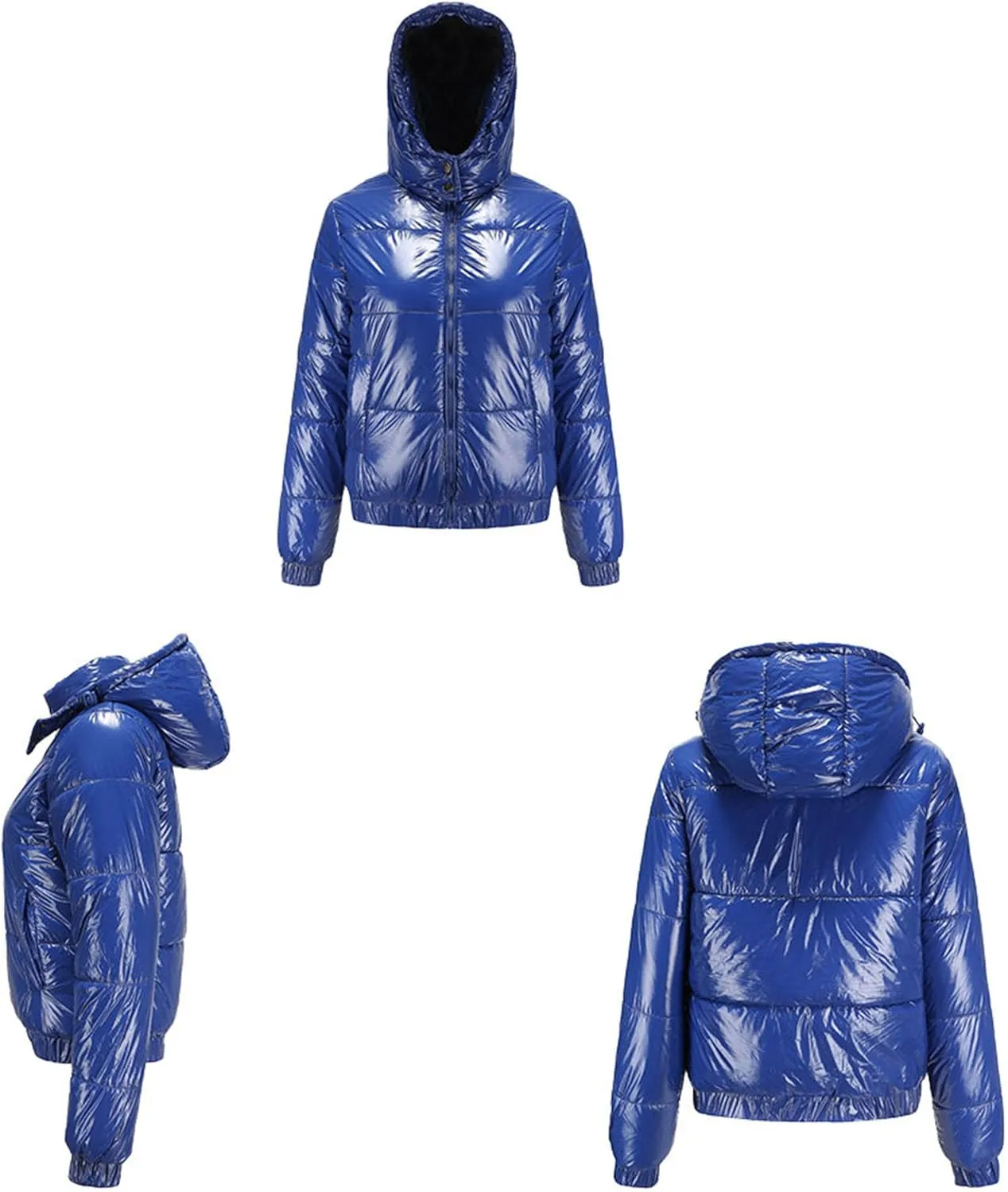 JEsilunmaMY Women's Shiny Short Winter Down Jacket Fashion Hooded Cropped Puffer Jacket Warm Thicken Padded Coats with Pocket