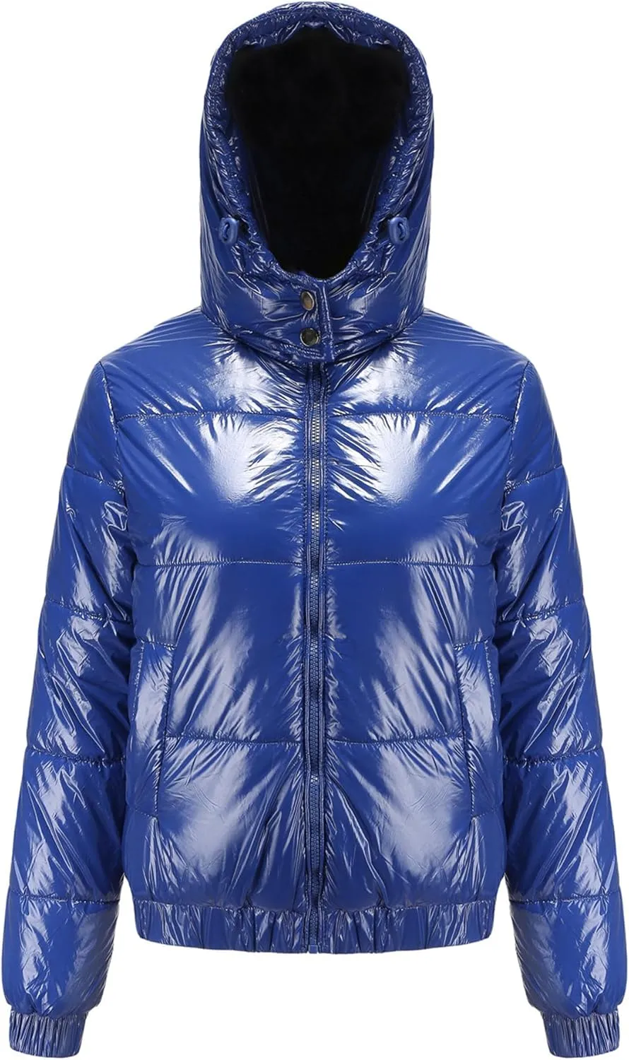 JEsilunmaMY Women's Shiny Short Winter Down Jacket Fashion Hooded Cropped Puffer Jacket Warm Thicken Padded Coats with Pocket