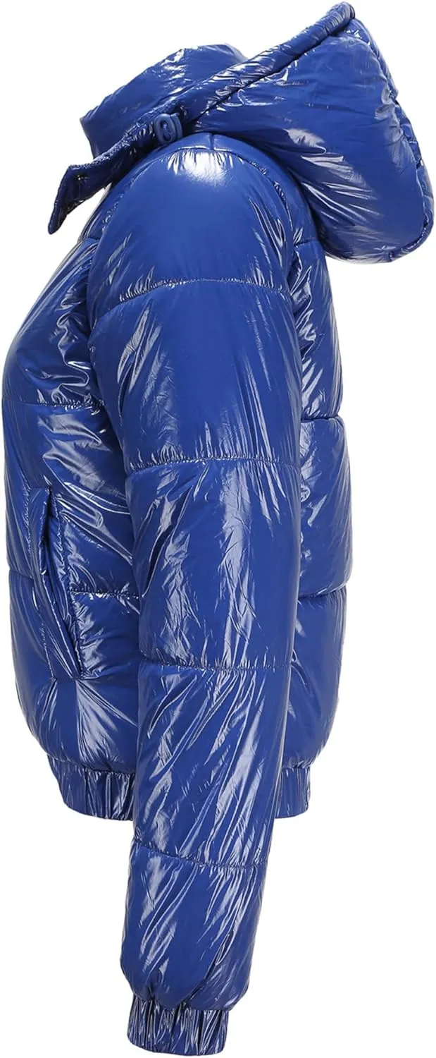 JEsilunmaMY Women's Shiny Short Winter Down Jacket Fashion Hooded Cropped Puffer Jacket Warm Thicken Padded Coats with Pocket