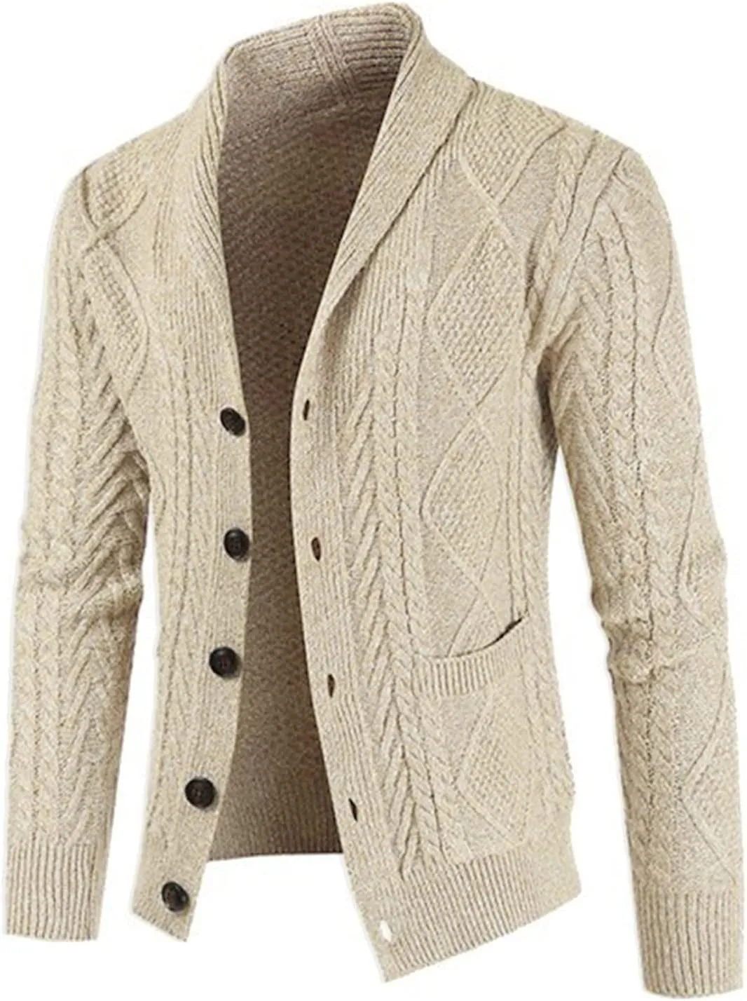 JMIERR Men's Casual Long Sleeve Shawl Collar Buttons Down Cable Knit Cardigan Sweater with Pockets