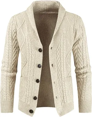 JMIERR Men's Casual Long Sleeve Shawl Collar Buttons Down Cable Knit Cardigan Sweater with Pockets