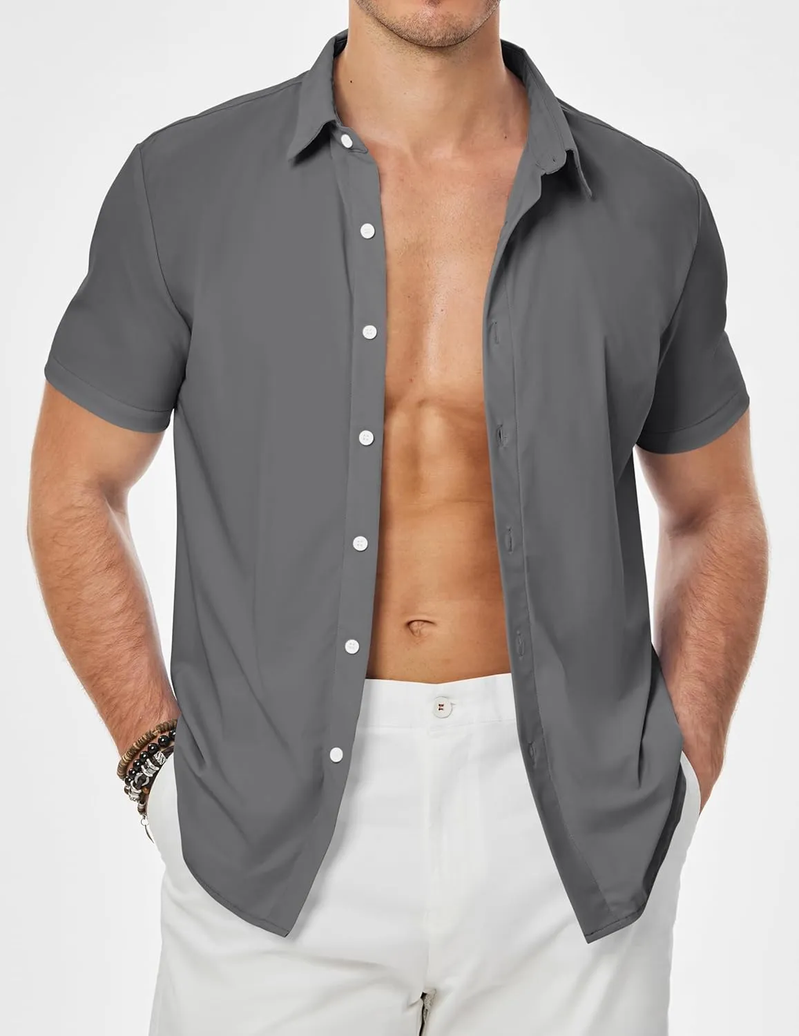 JMIERR Men's Muscle Fit Dress Shirts Summer Casual Button Down Short Sleeve High Stretch Wrinkle-Free Shirt