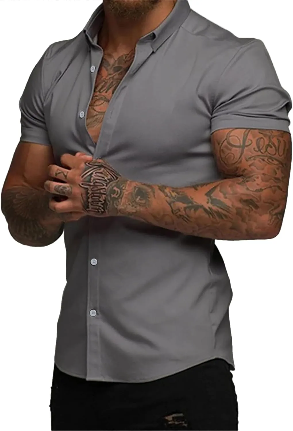 JMIERR Men's Muscle Fit Dress Shirts Summer Casual Button Down Short Sleeve High Stretch Wrinkle-Free Shirt