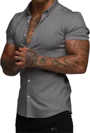 JMIERR Men's Muscle Fit Dress Shirts Summer Casual Button Down Short Sleeve High Stretch Wrinkle-Free Shirt