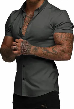 JMIERR Men's Muscle Fit Dress Shirts Summer Casual Button Down Short Sleeve High Stretch Wrinkle-Free Shirt