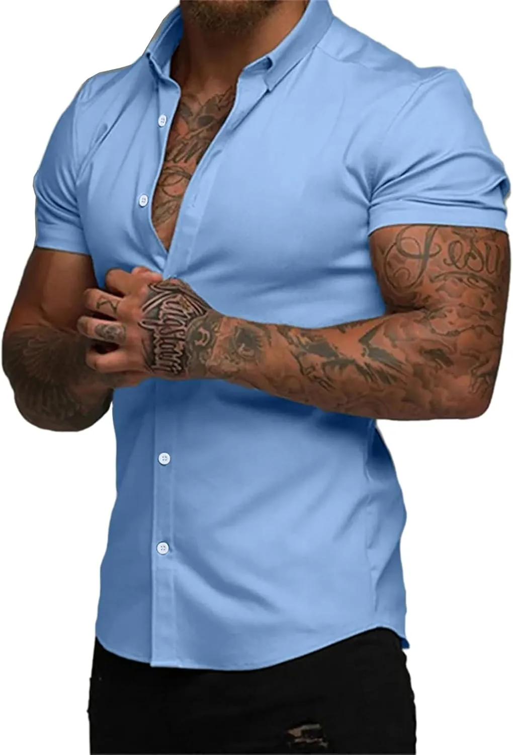 JMIERR Men's Muscle Fit Dress Shirts Summer Casual Button Down Short Sleeve High Stretch Wrinkle-Free Shirt