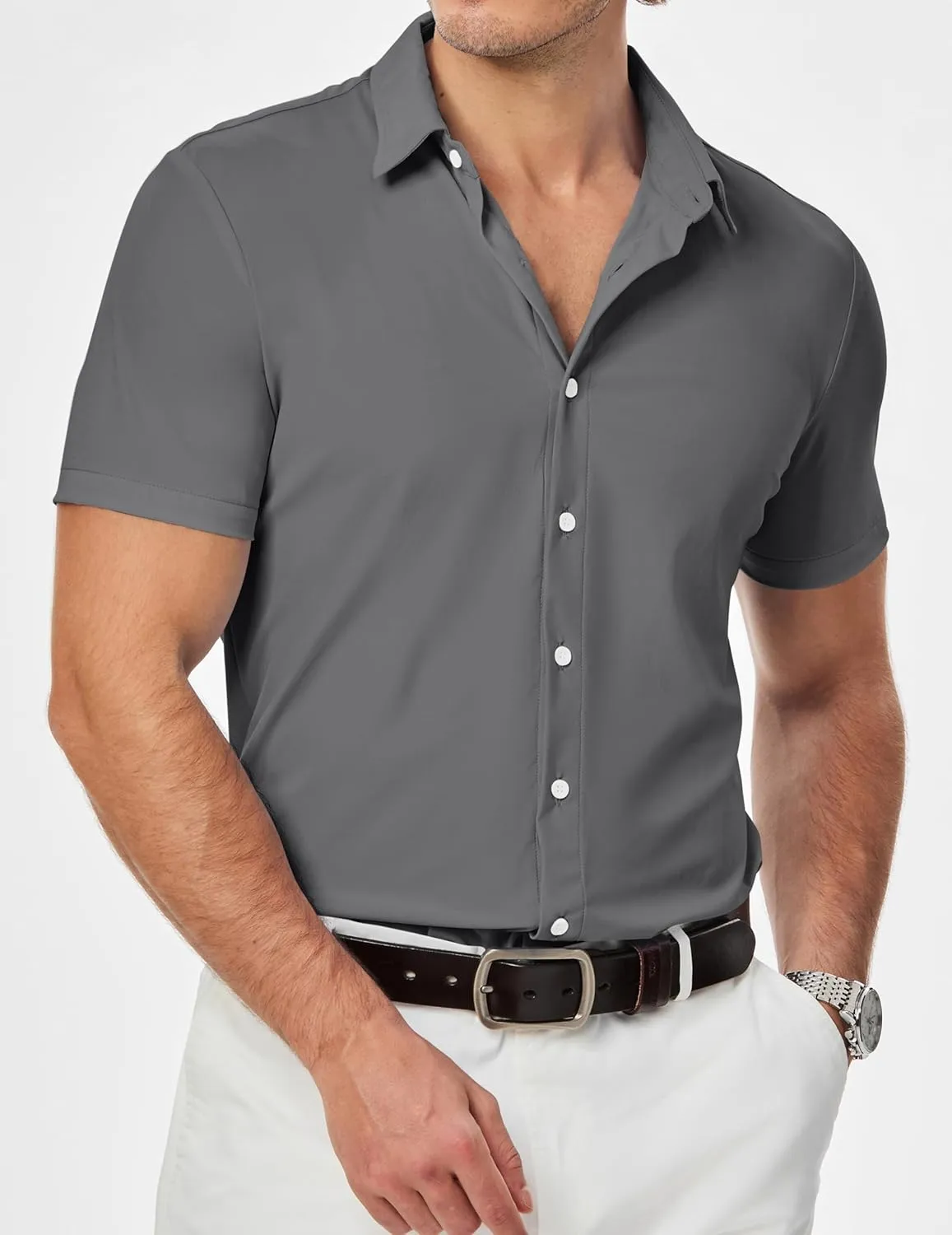 JMIERR Men's Muscle Fit Dress Shirts Summer Casual Button Down Short Sleeve High Stretch Wrinkle-Free Shirt