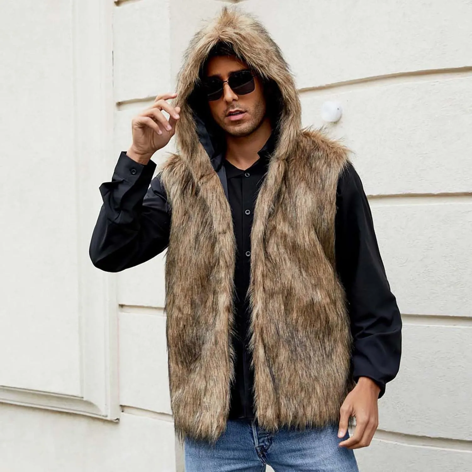 jsaierl Faux Fur Gilet Men Luxury Faux Fur Hoodie Coats Sleeveless Thick Jacket Soft Warm Fluffy Waistcoats Vest with Hood