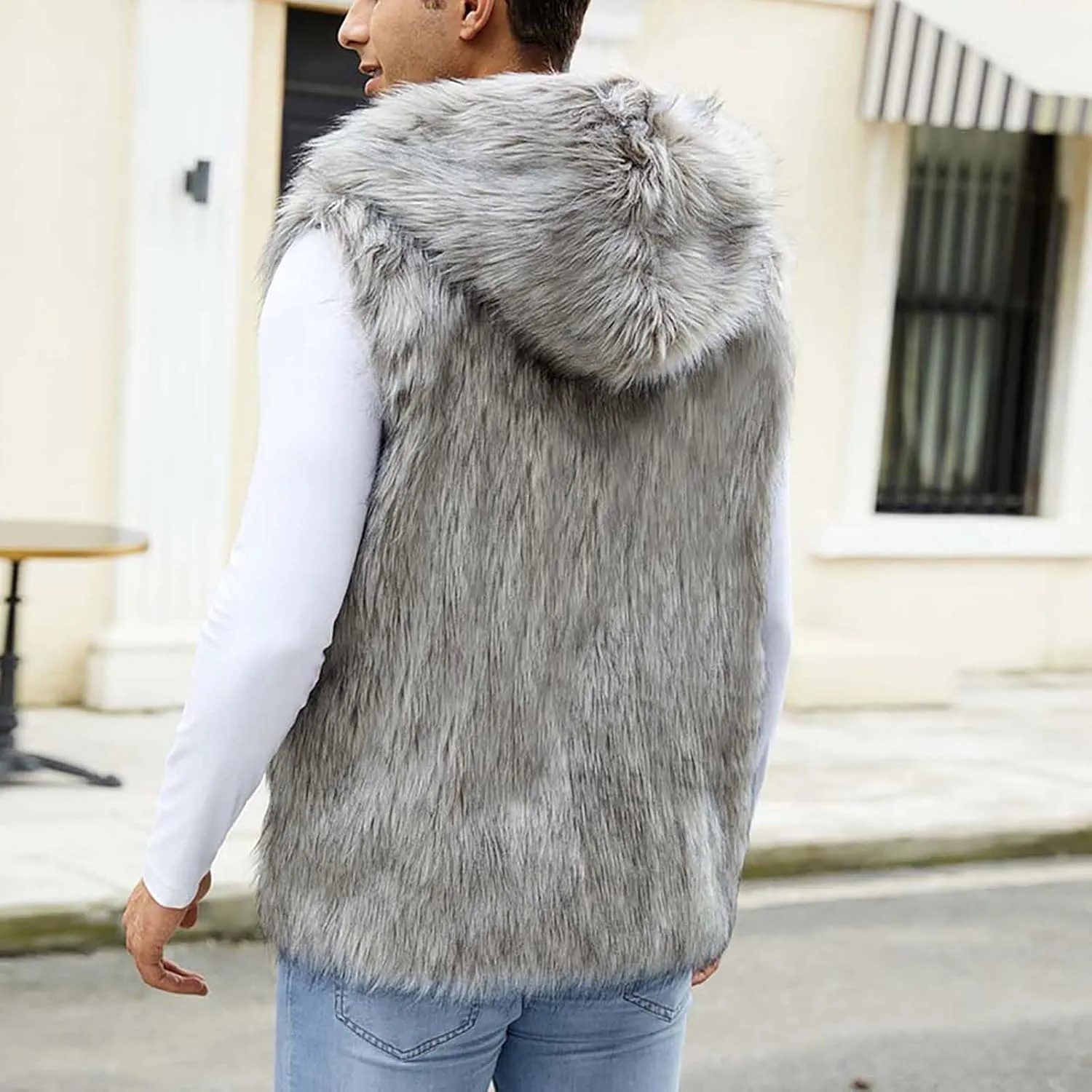jsaierl Faux Fur Gilet Men Luxury Faux Fur Hoodie Coats Sleeveless Thick Jacket Soft Warm Fluffy Waistcoats Vest with Hood