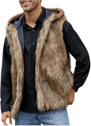 jsaierl Faux Fur Gilet Men Luxury Faux Fur Hoodie Coats Sleeveless Thick Jacket Soft Warm Fluffy Waistcoats Vest with Hood