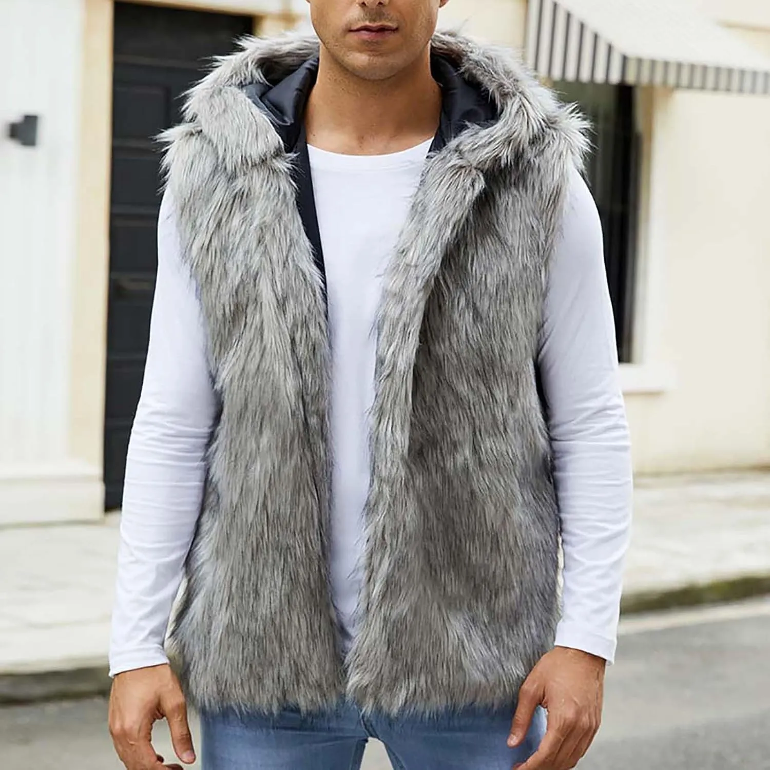 jsaierl Faux Fur Gilet Men Luxury Faux Fur Hoodie Coats Sleeveless Thick Jacket Soft Warm Fluffy Waistcoats Vest with Hood