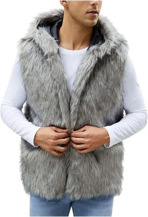 jsaierl Faux Fur Gilet Men Luxury Faux Fur Hoodie Coats Sleeveless Thick Jacket Soft Warm Fluffy Waistcoats Vest with Hood