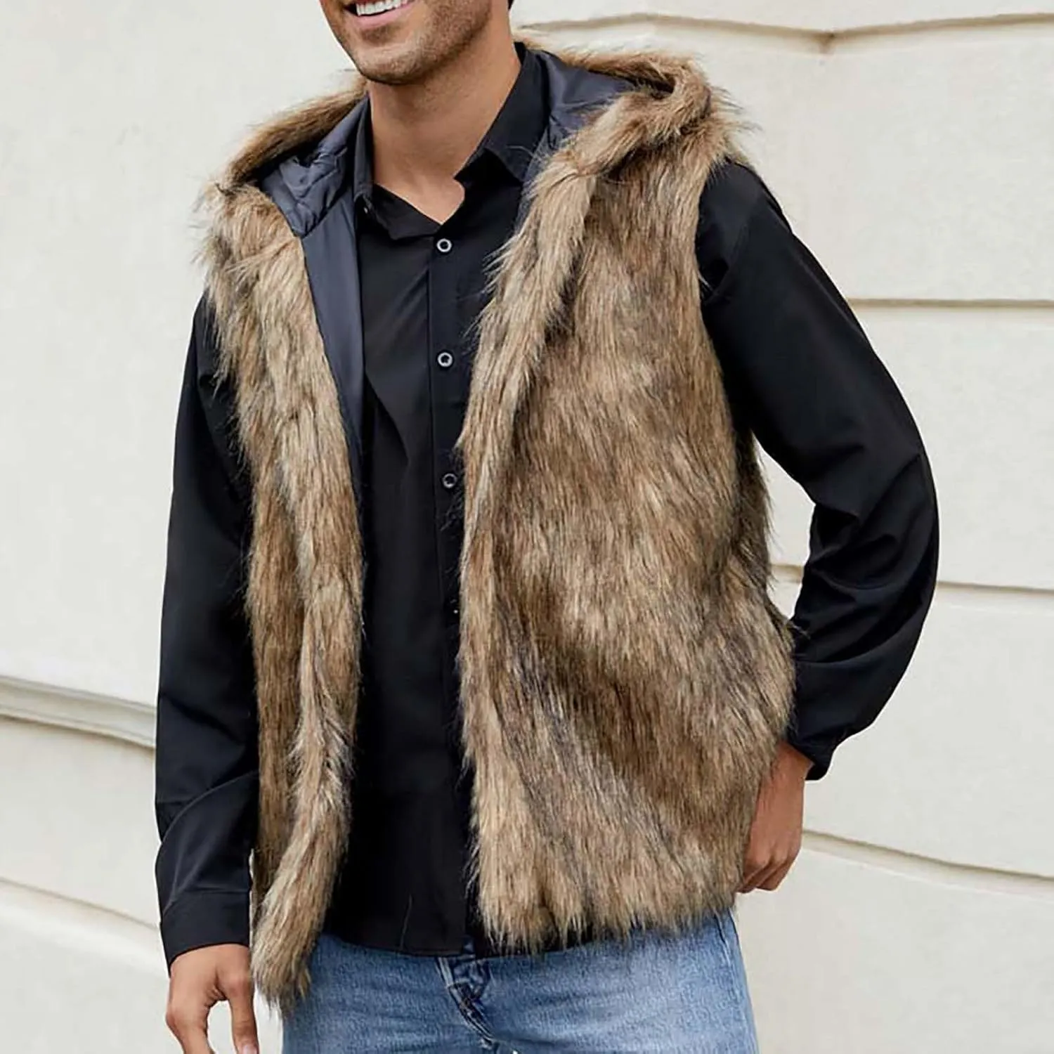 jsaierl Faux Fur Gilet Men Luxury Faux Fur Hoodie Coats Sleeveless Thick Jacket Soft Warm Fluffy Waistcoats Vest with Hood