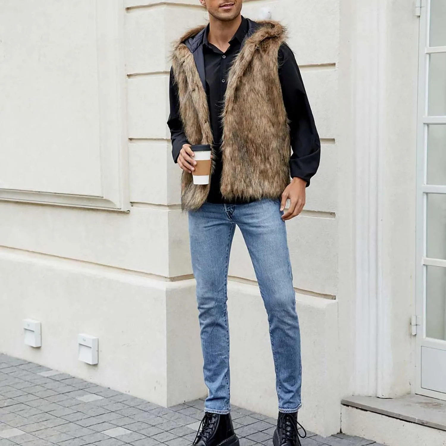 jsaierl Faux Fur Gilet Men Luxury Faux Fur Hoodie Coats Sleeveless Thick Jacket Soft Warm Fluffy Waistcoats Vest with Hood