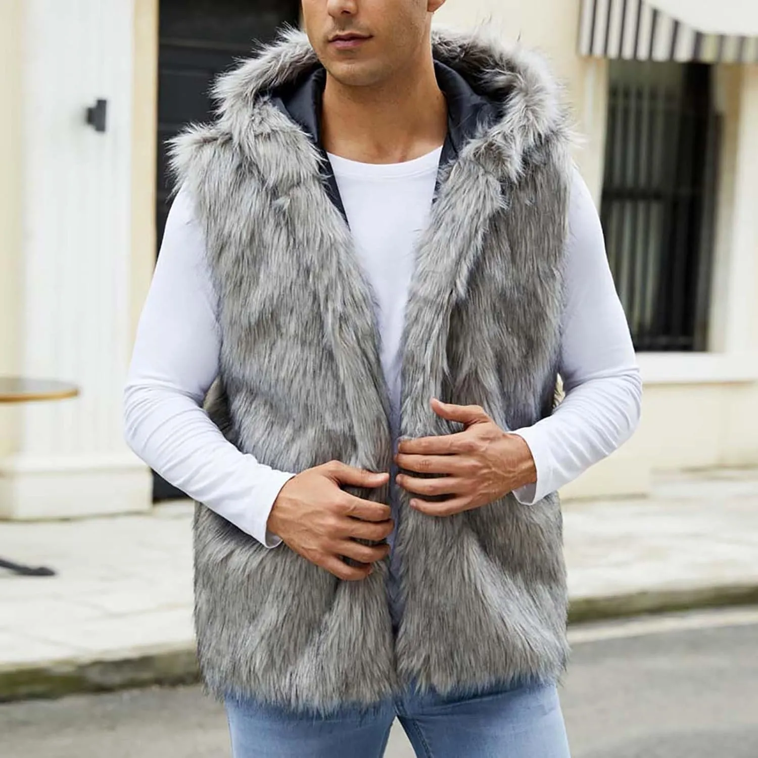 jsaierl Faux Fur Gilet Men Luxury Faux Fur Hoodie Coats Sleeveless Thick Jacket Soft Warm Fluffy Waistcoats Vest with Hood