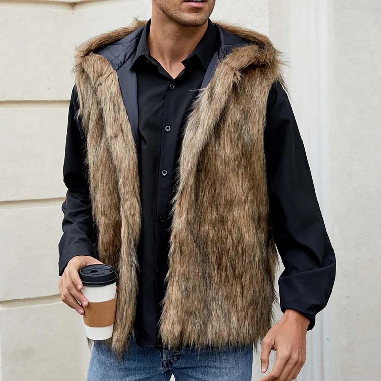 jsaierl Faux Fur Gilet Men Luxury Faux Fur Hoodie Coats Sleeveless Thick Jacket Soft Warm Fluffy Waistcoats Vest with Hood