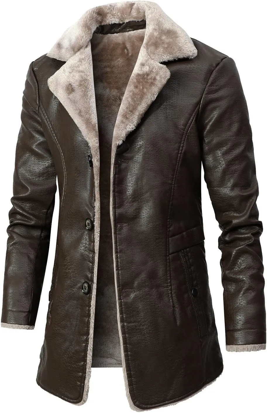 jsaierl Men's Faux Leather Jacket Fleece Sherpa Lined Trench Coats Lapel Long Jackets Single Breasted Warm Overcoat Casual