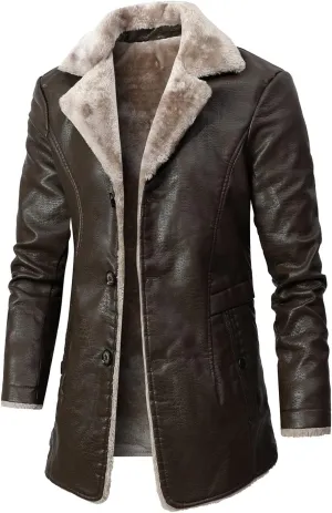 jsaierl Men's Faux Leather Jacket Fleece Sherpa Lined Trench Coats Lapel Long Jackets Single Breasted Warm Overcoat Casual