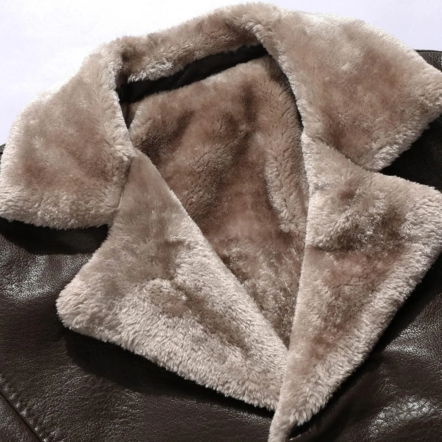 jsaierl Men's Faux Leather Jacket Fleece Sherpa Lined Trench Coats Lapel Long Jackets Single Breasted Warm Overcoat Casual