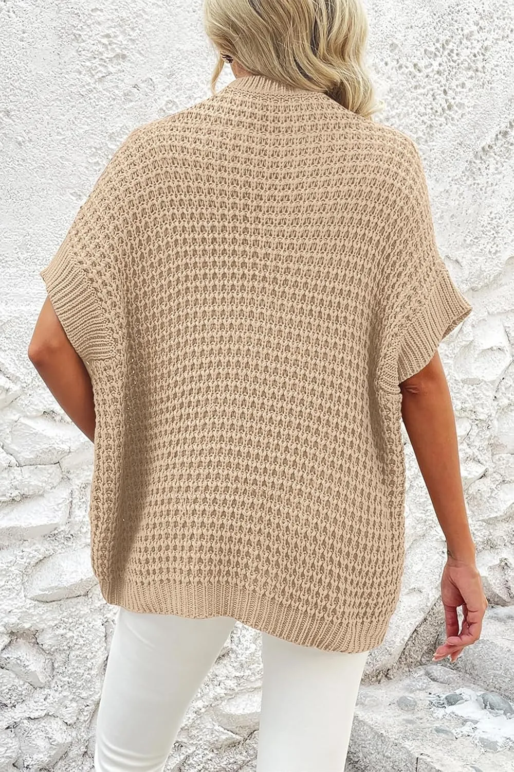 Jumppmile Women's Short Sleeve Waffle Knit Batwing Sleeve Sweater Pullover Sleeveless Oversized Sweater