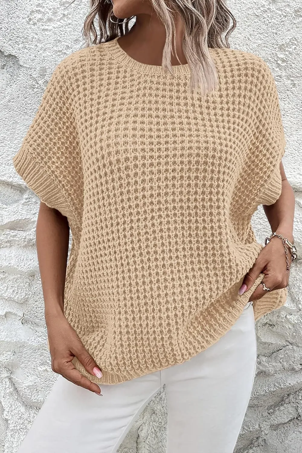 Jumppmile Women's Short Sleeve Waffle Knit Batwing Sleeve Sweater Pullover Sleeveless Oversized Sweater
